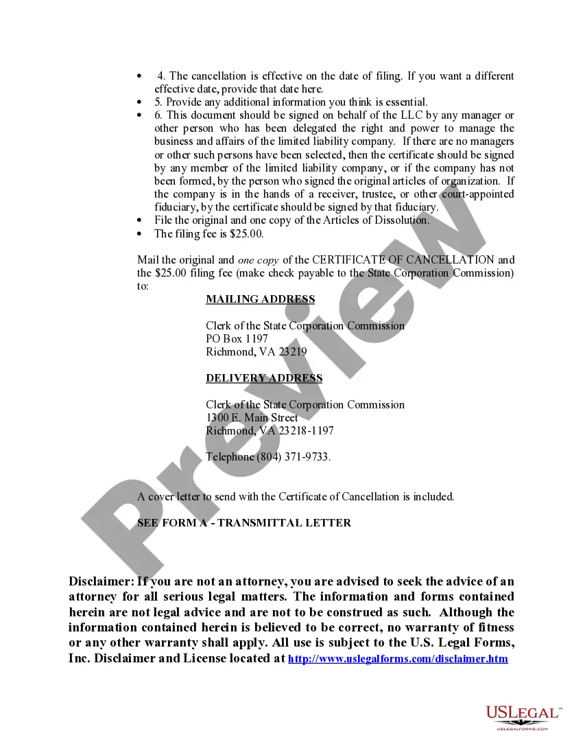 Get Virginia Dissolution Package to Dissolve Limited Liability Company LLC Preview Virginia Dissolution Package to Dissolve Limited Liability Company LLC