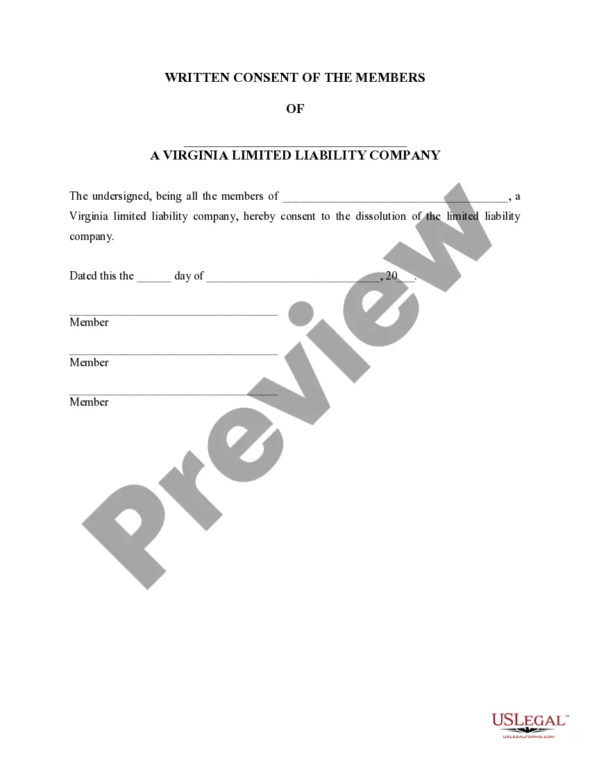 Get Virginia Dissolution Package to Dissolve Limited Liability Company LLC Preview Virginia Dissolution Package to Dissolve Limited Liability Company LLC