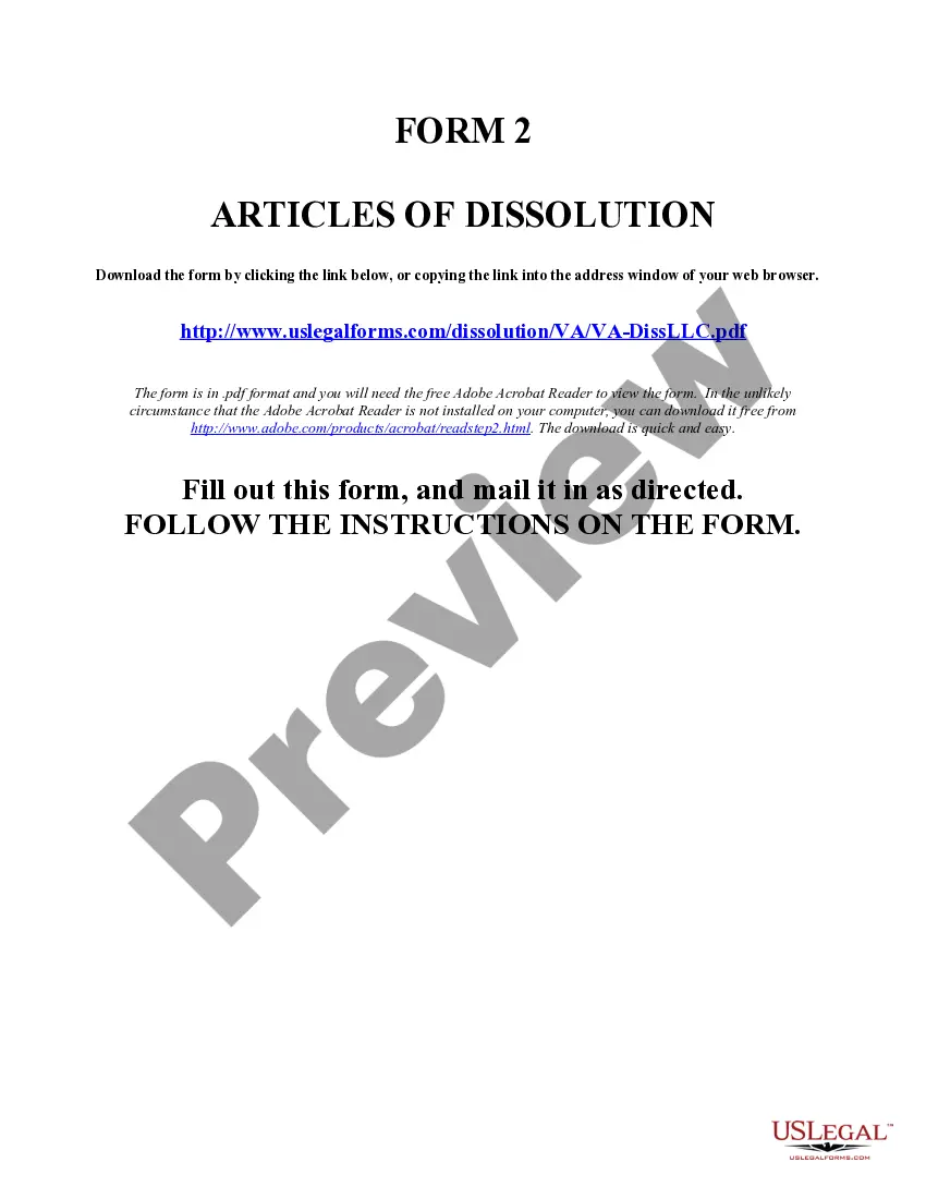 Get Virginia Dissolution Package to Dissolve Limited Liability Company LLC Preview Virginia Dissolution Package to Dissolve Limited Liability Company LLC