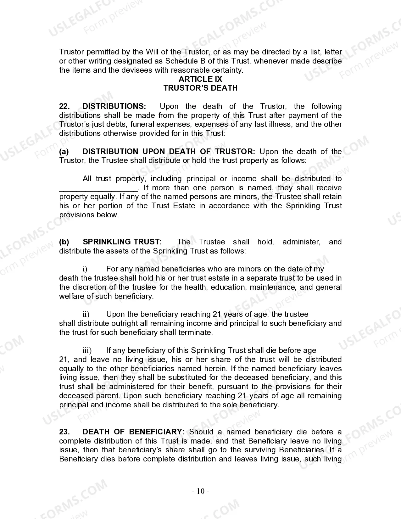 Preview Living Trust for Individual Who is Single, Divorced or Widow or Widower with No Children