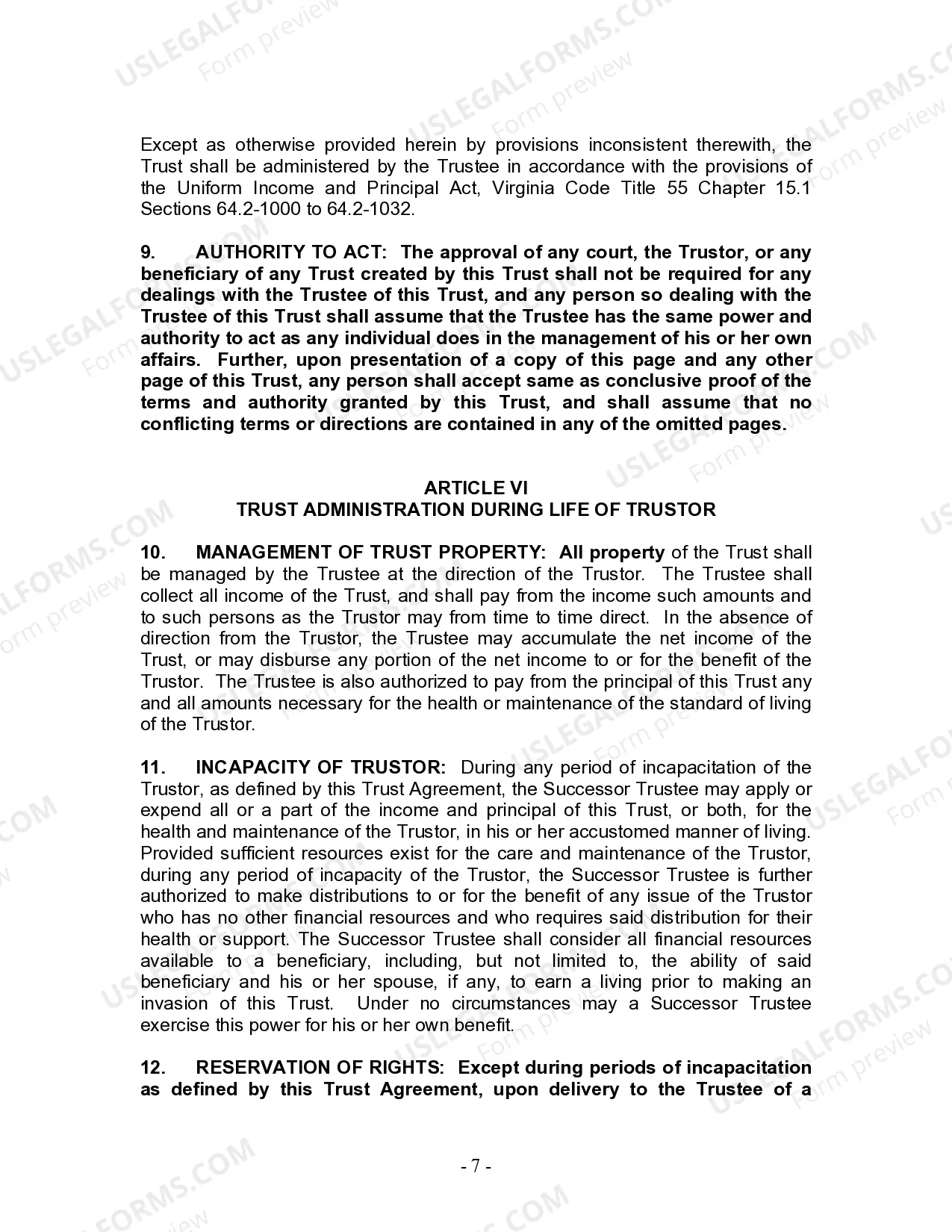 Preview Living Trust for Individual Who is Single, Divorced or Widow or Widower with No Children