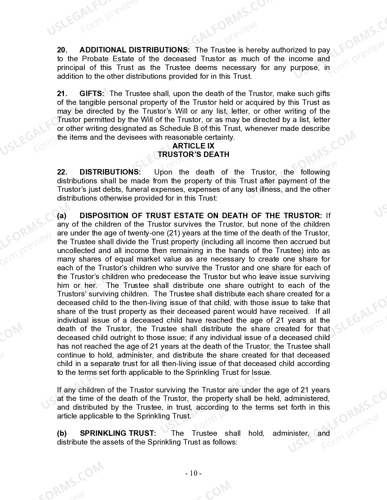 Preview Living Trust for Individual Who is Single, Divorced or Widow or Widower with Children