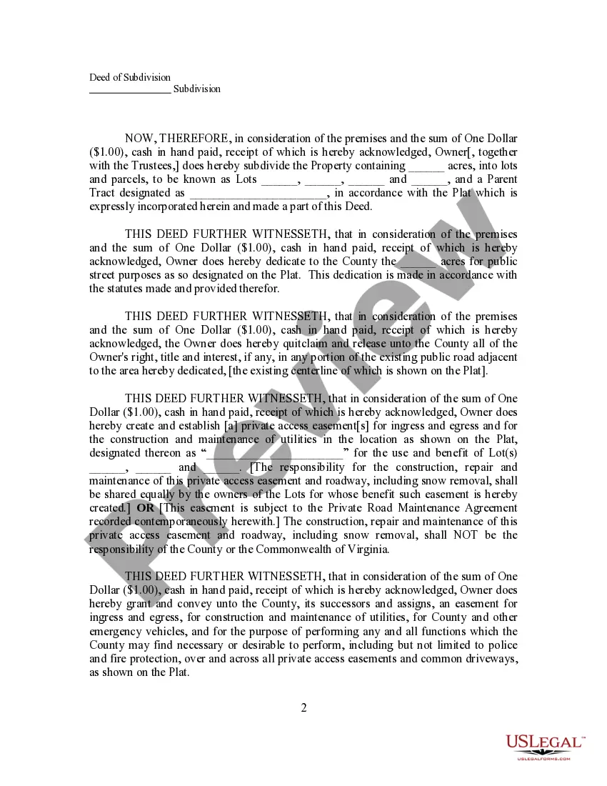 Preview Deed of Subdivision, Easement and Dedication