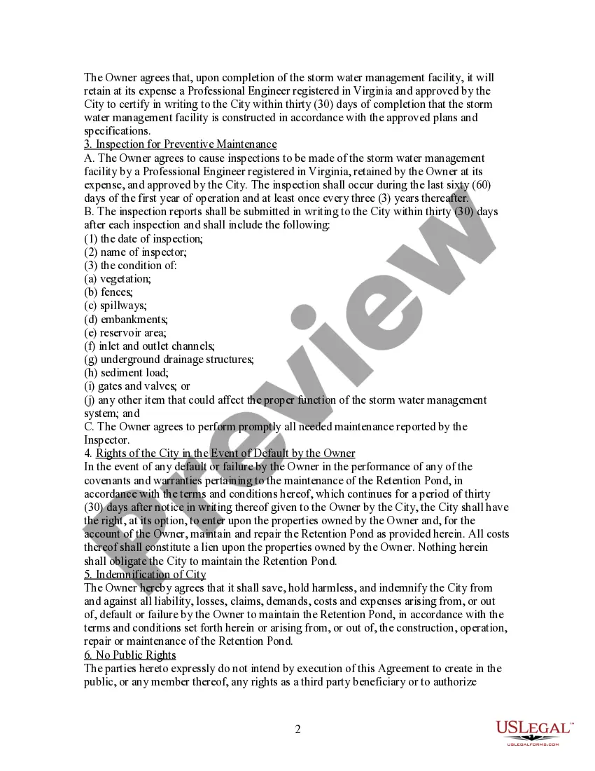 Preview Easement Agreement for Storm Water Drainage and Retention Pond