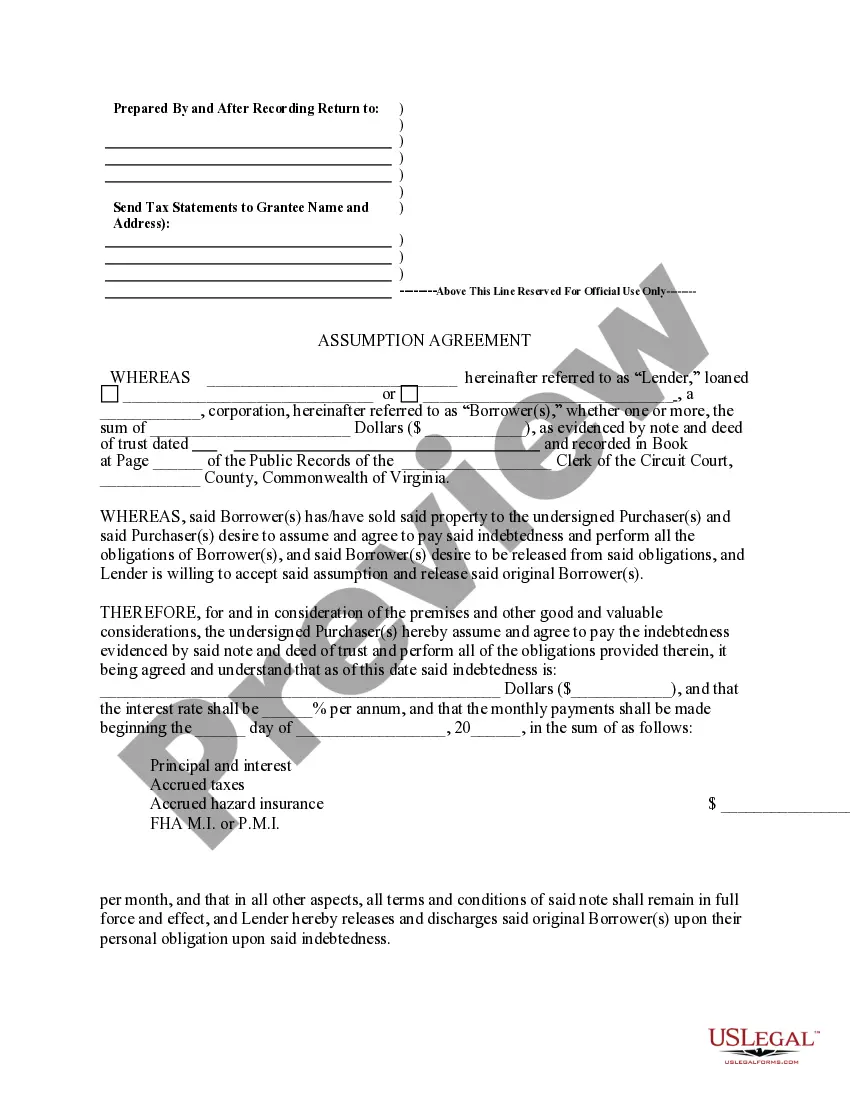 Preview Assumption Agreement of Deed of Trust and Release of Original Mortgagors