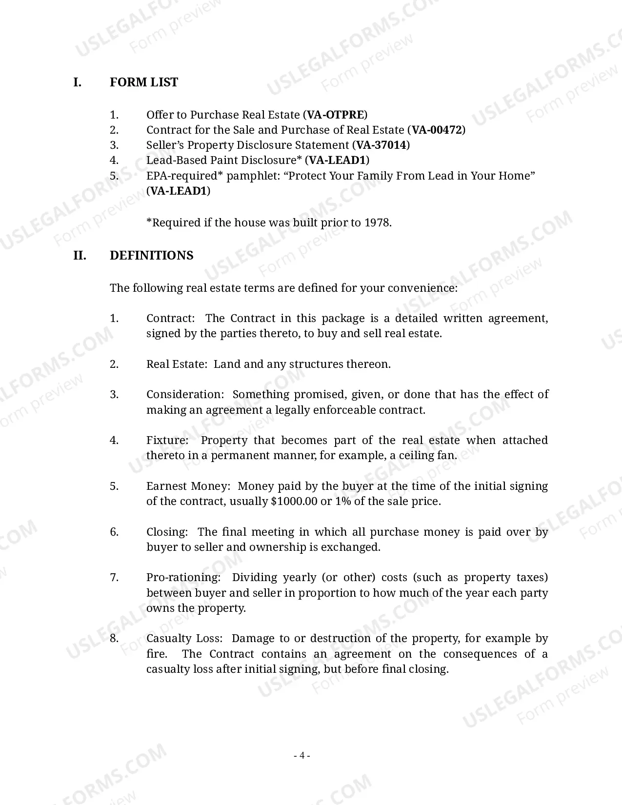 Preview Virginia Real Estate Home Sales Package with Offer to Purchase, Contract of Sale, Disclosure Statements and more for Residential House