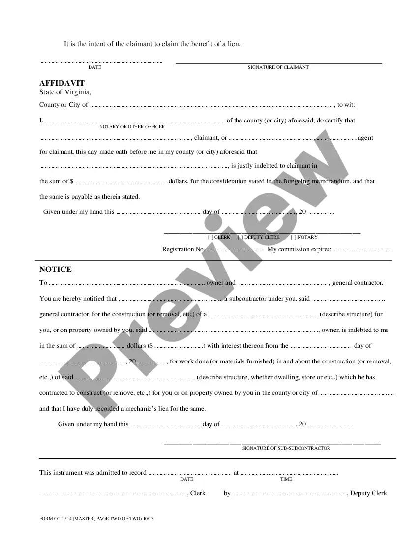 Preview Memorandum of Mechanic Lien Claimed by Sub-Subcontractor