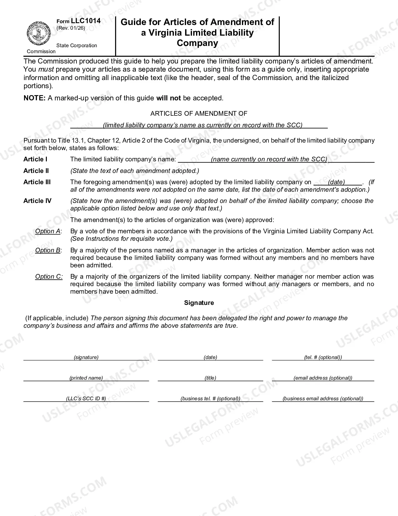 Preview Guide for Articles of Amendment - Virginia Limited Liability Company
