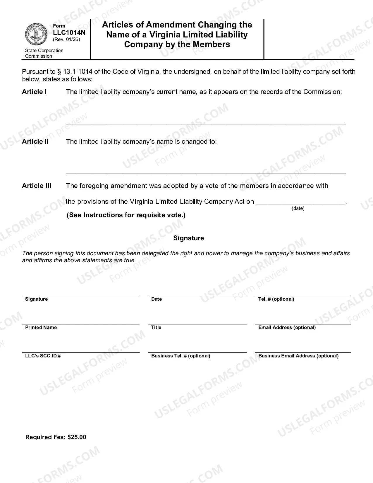 Preview Articles of Amendment - Changing the Name of a Virginia Limited Liability Company - By the Members