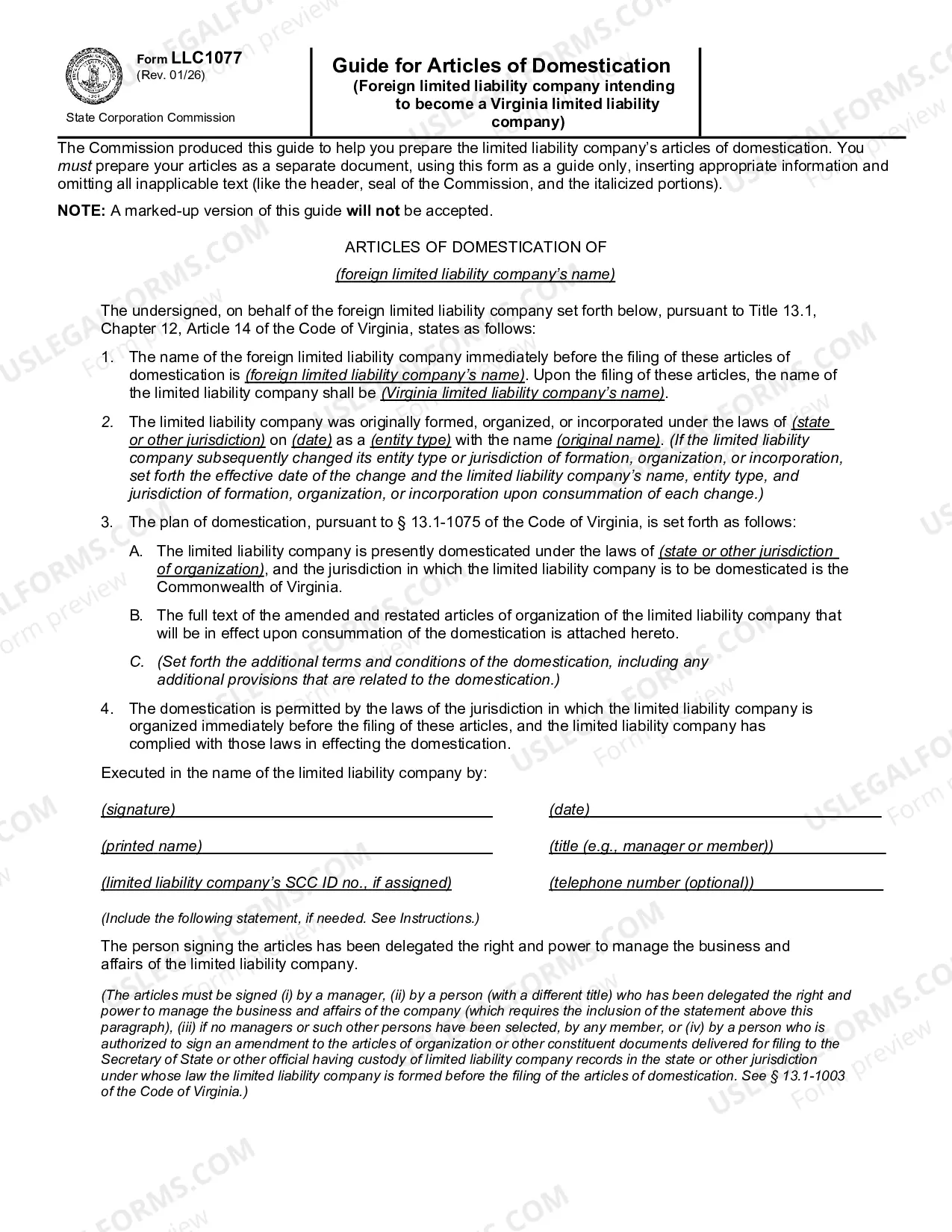 Preview Guide For Articles Of Domestication (Foreign LLC Intending To Become Virginia LLC)
