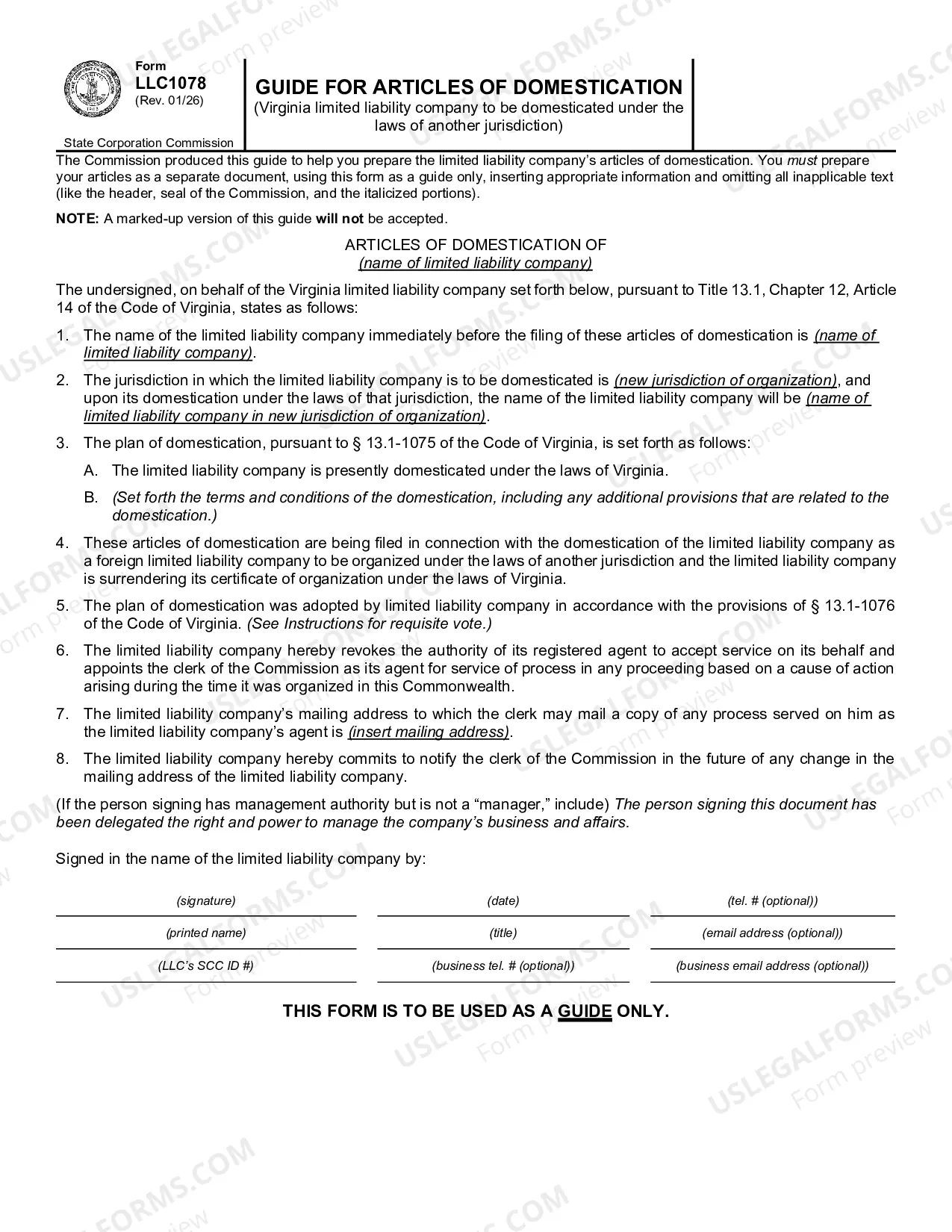 Preview Guide for Articles of Organization Surrender (Virginia limited liability company to be domesticated under the laws of another jurisdiction)