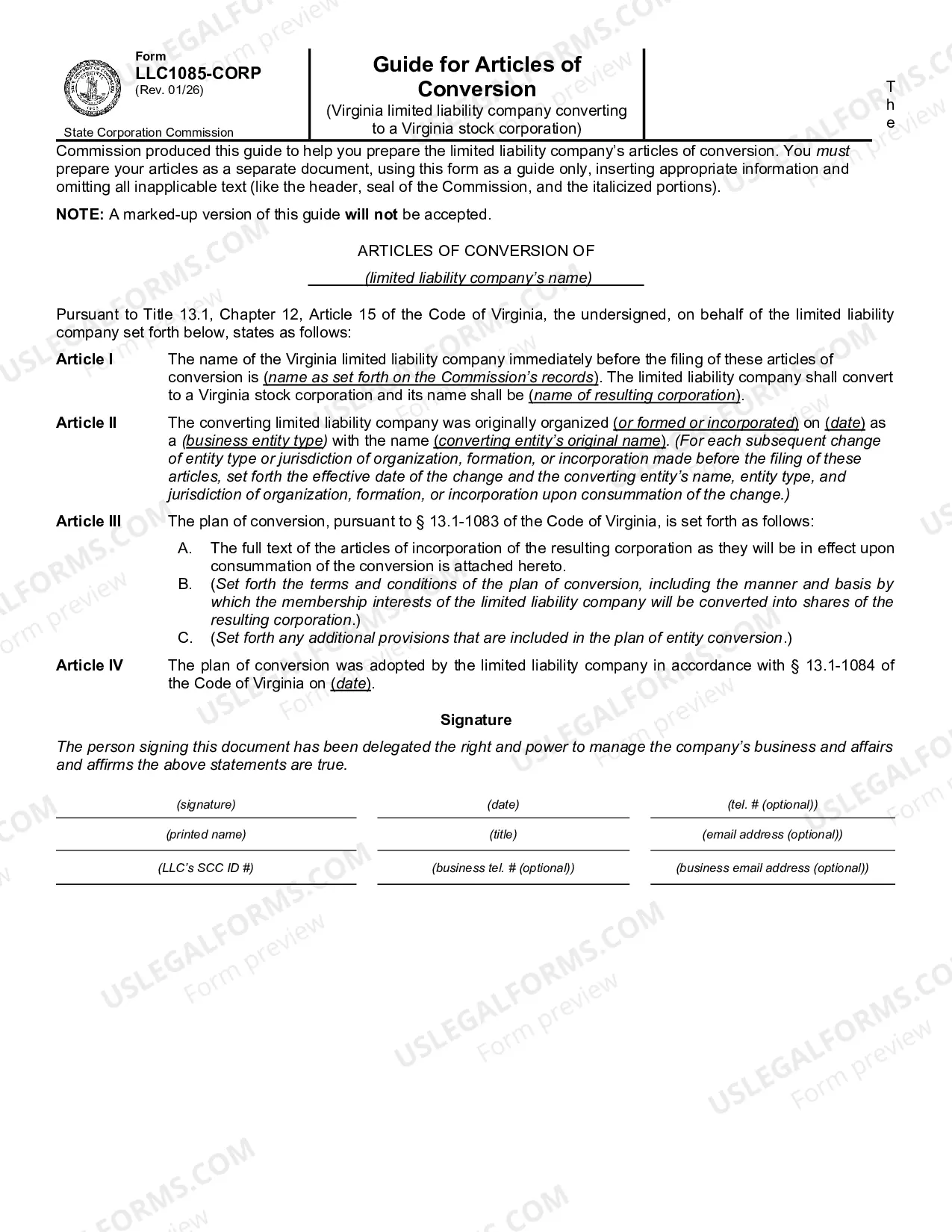 Preview Guide of Articles of Entity Conversion (Virginia limited liability company converting to a Virginia stock corporation)