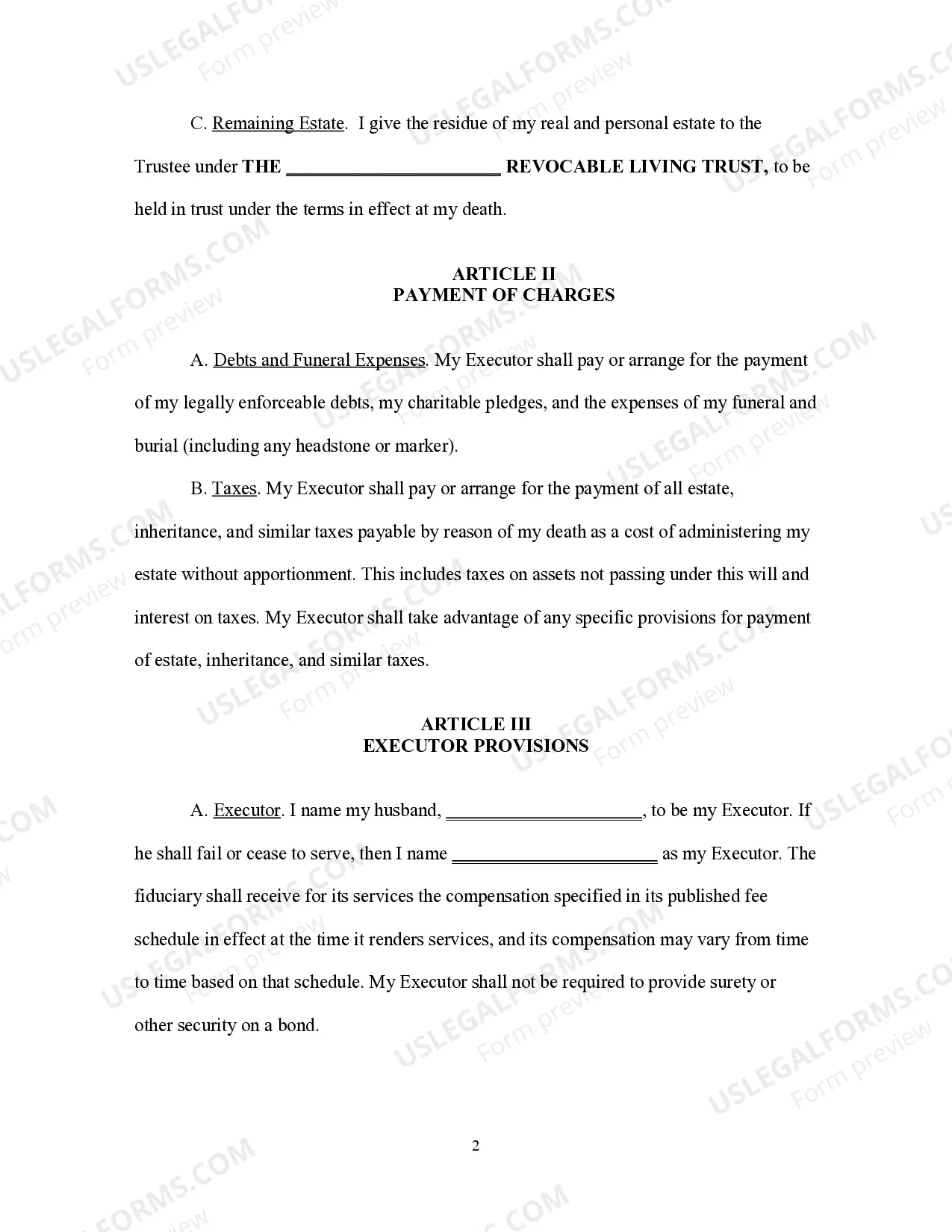 Preview Pour Over Will for Wife