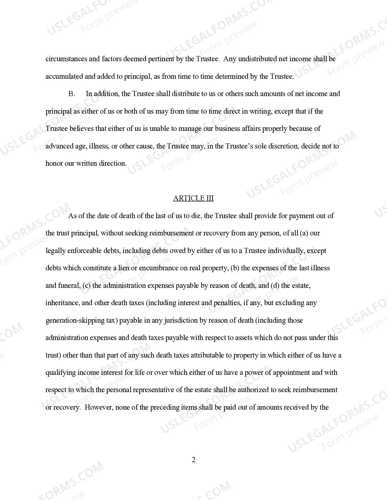 Preview Revocable Living Trust for Husband and Wife for 3 joint trustees