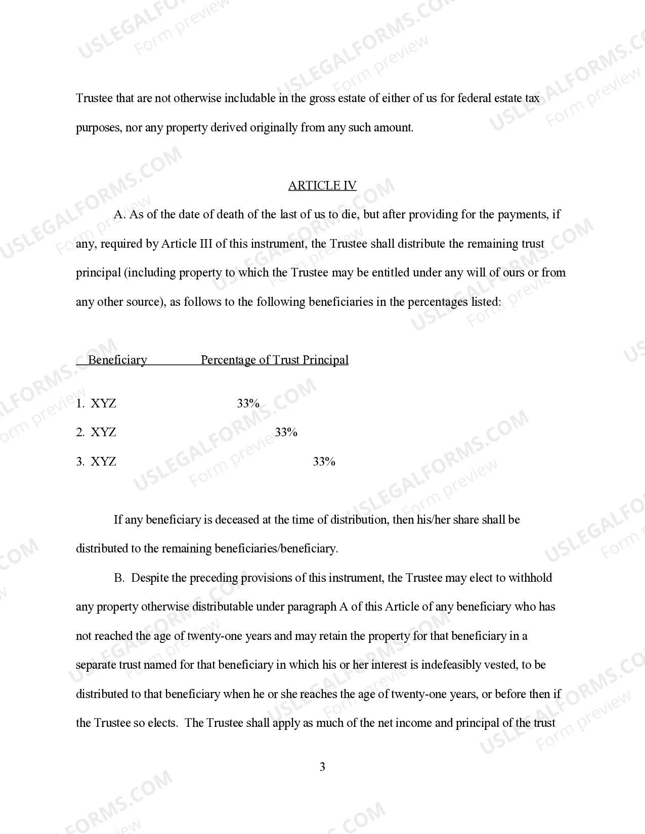 Preview Revocable Living Trust for Husband and Wife for 3 joint trustees