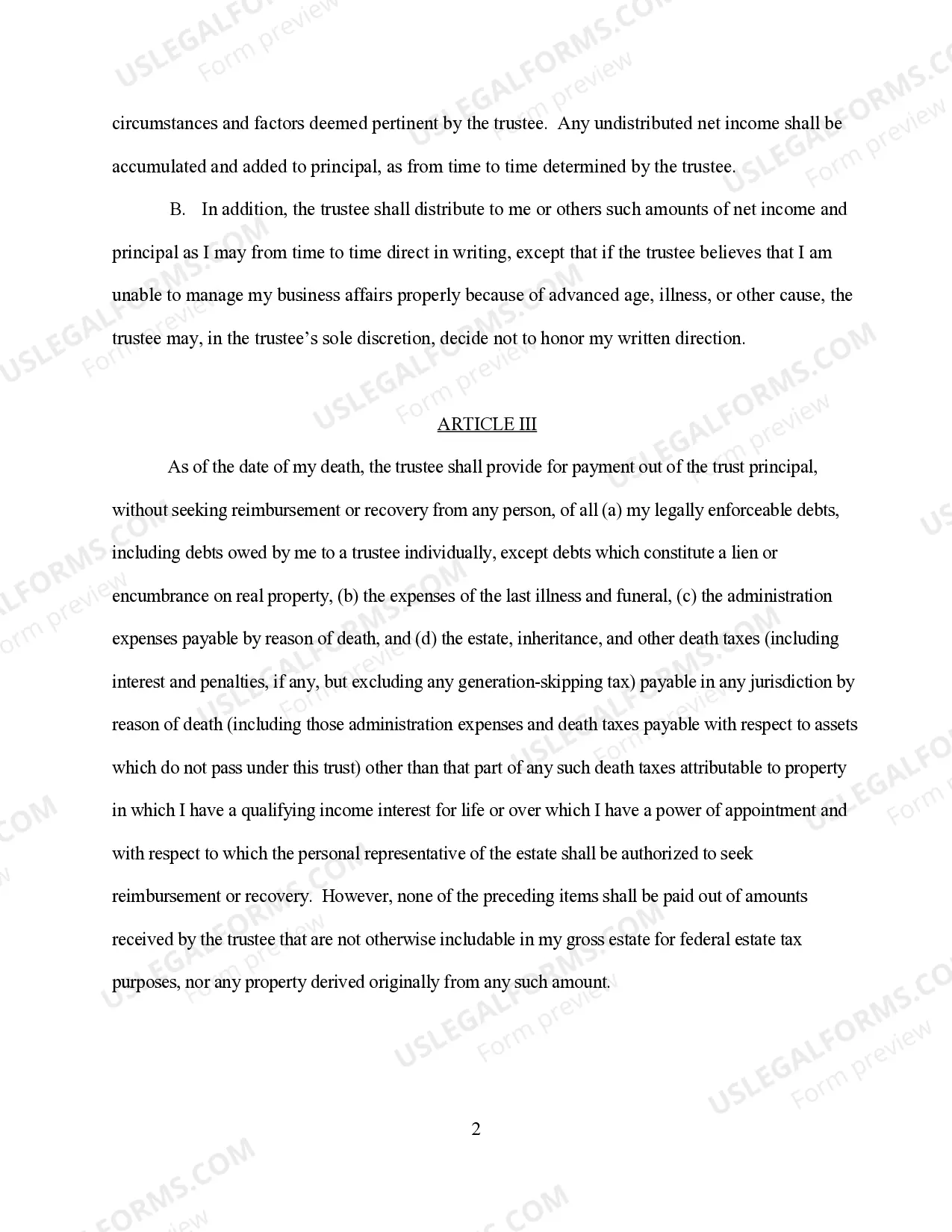 Preview Revocable Living Trust for Single Person