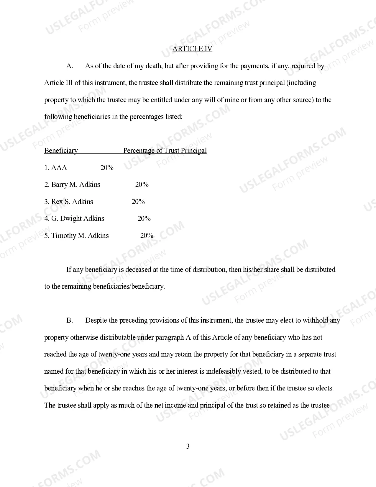 Preview Revocable Living Trust for Single Person