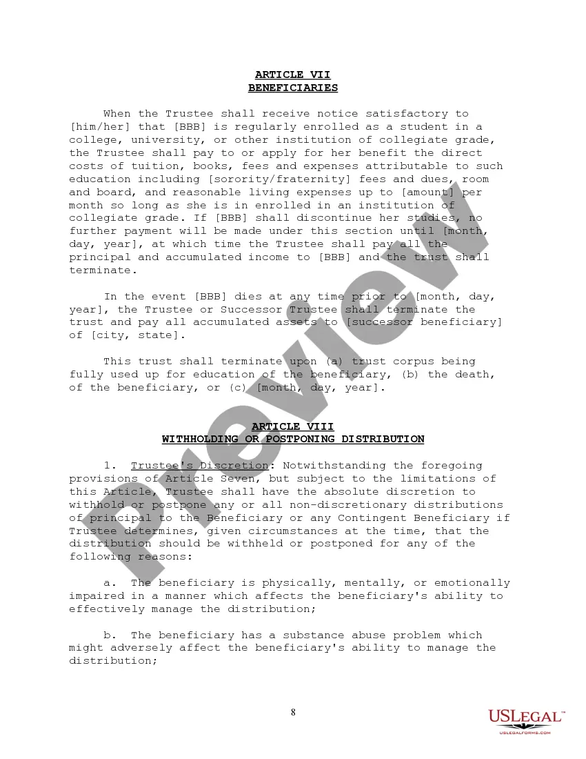 Preview Irrevocable Educational Trust Agreement