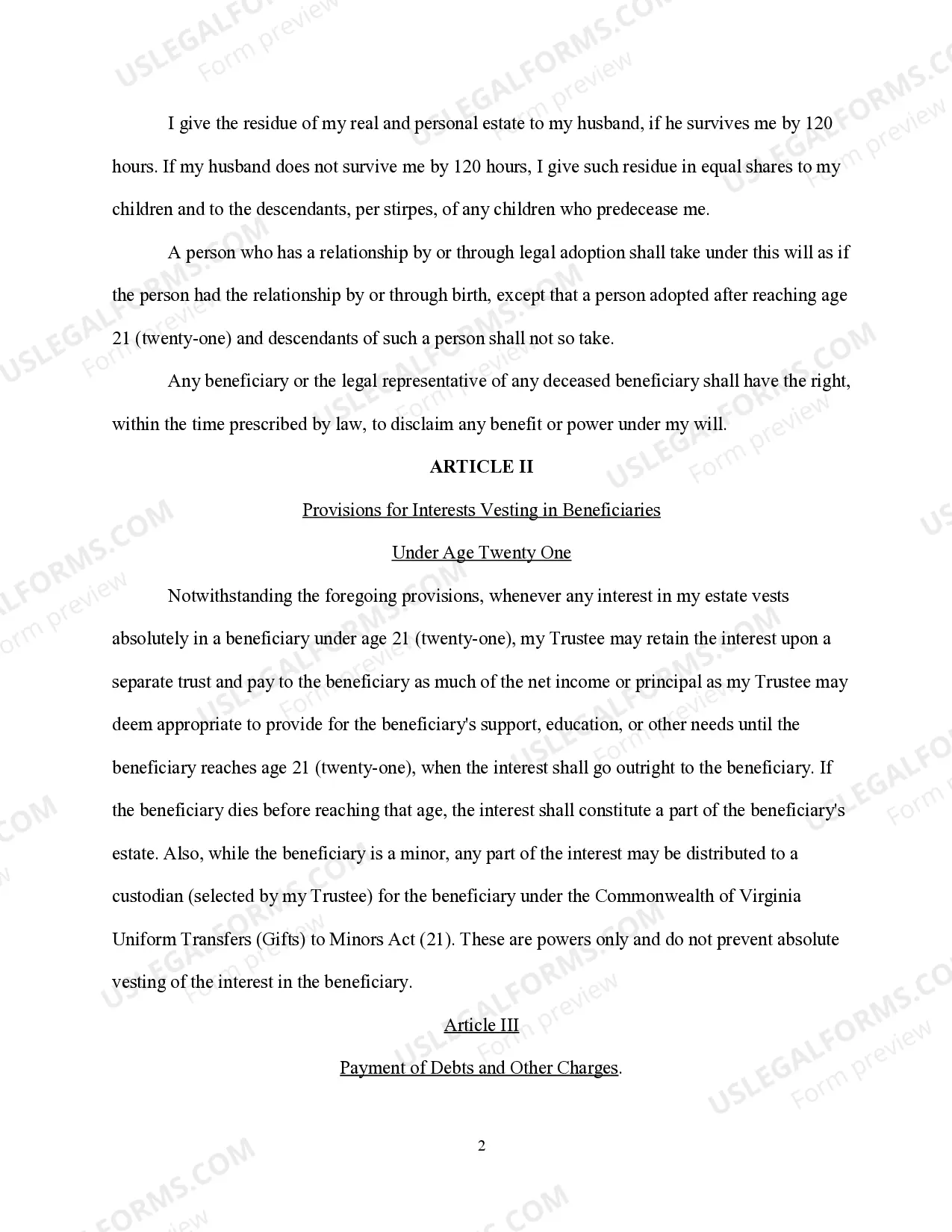 Preview Last Will and Testament for Wife