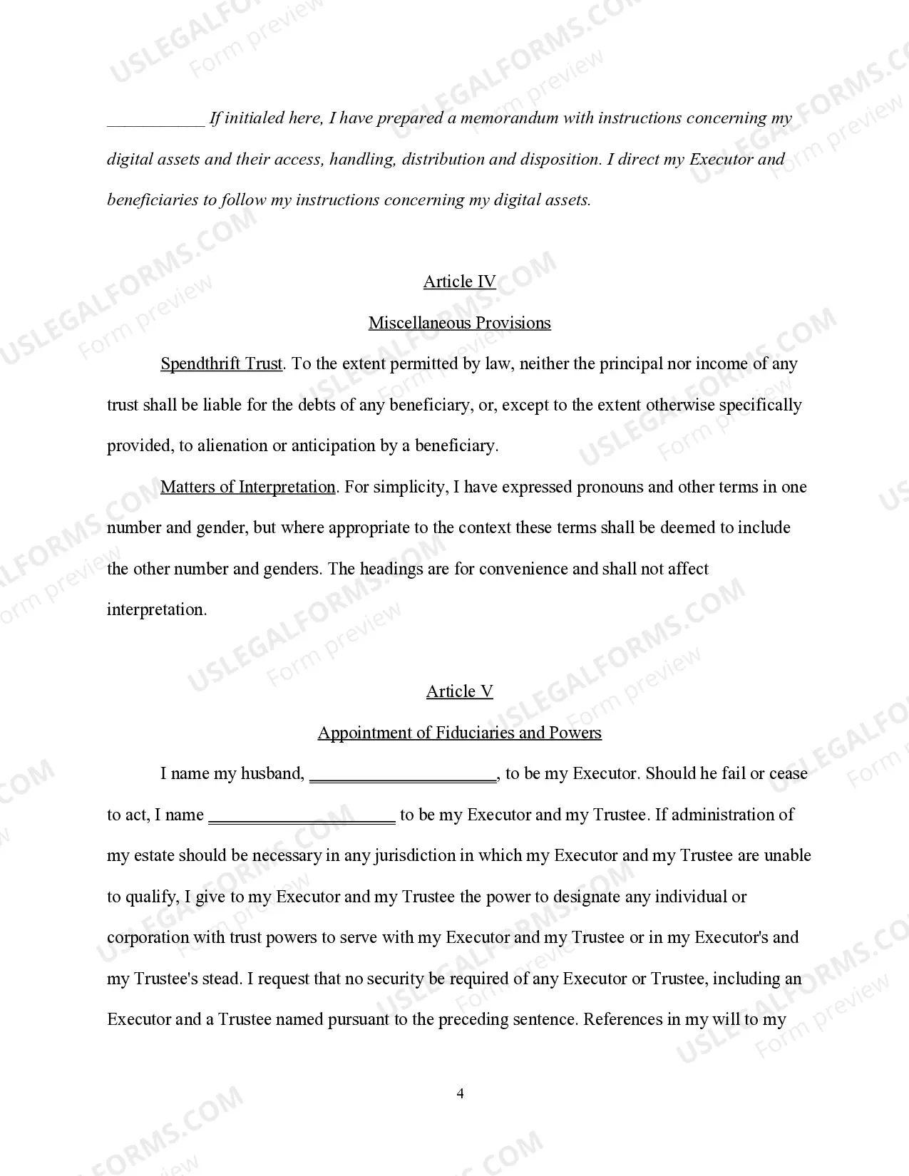 Preview Last Will and Testament for Wife