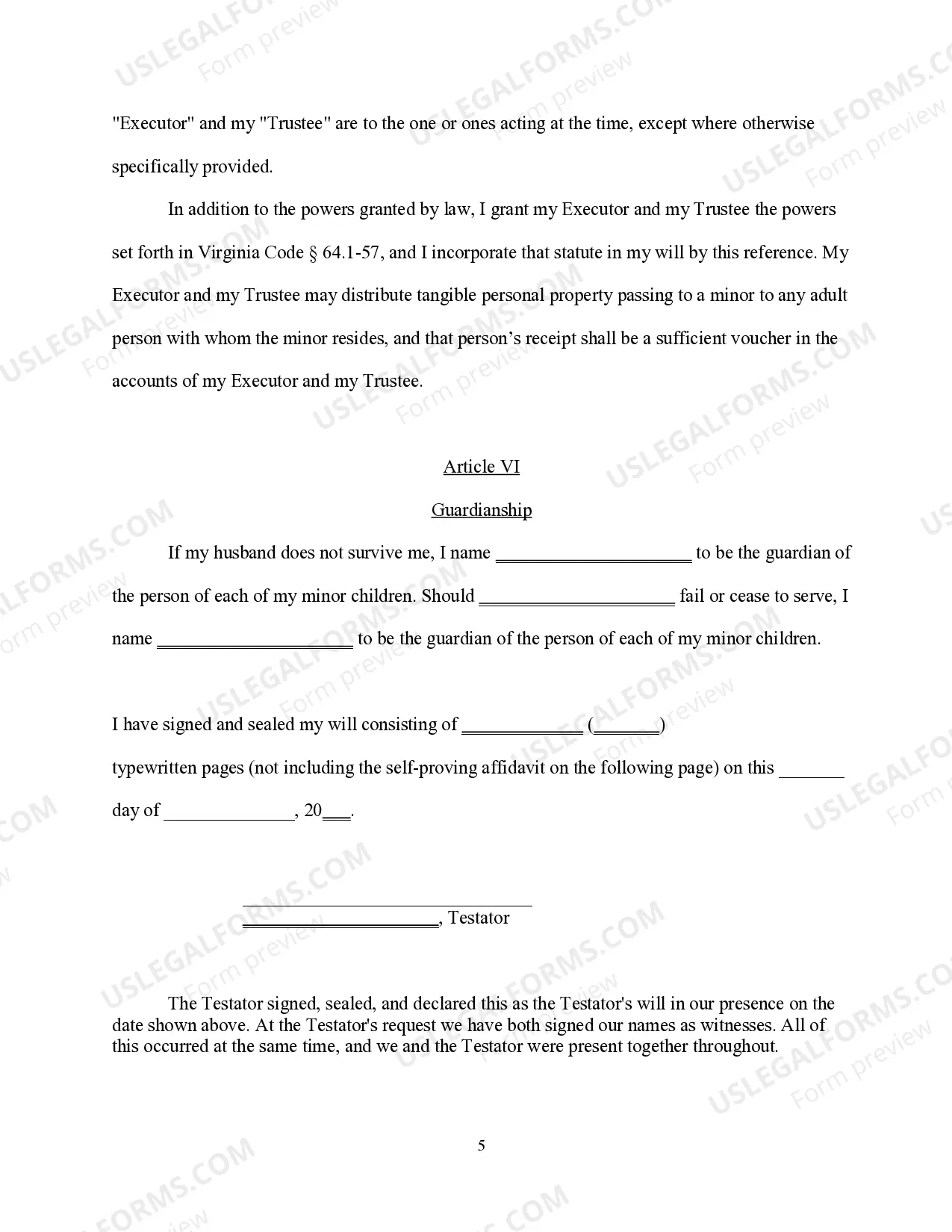 Preview Last Will and Testament for Wife