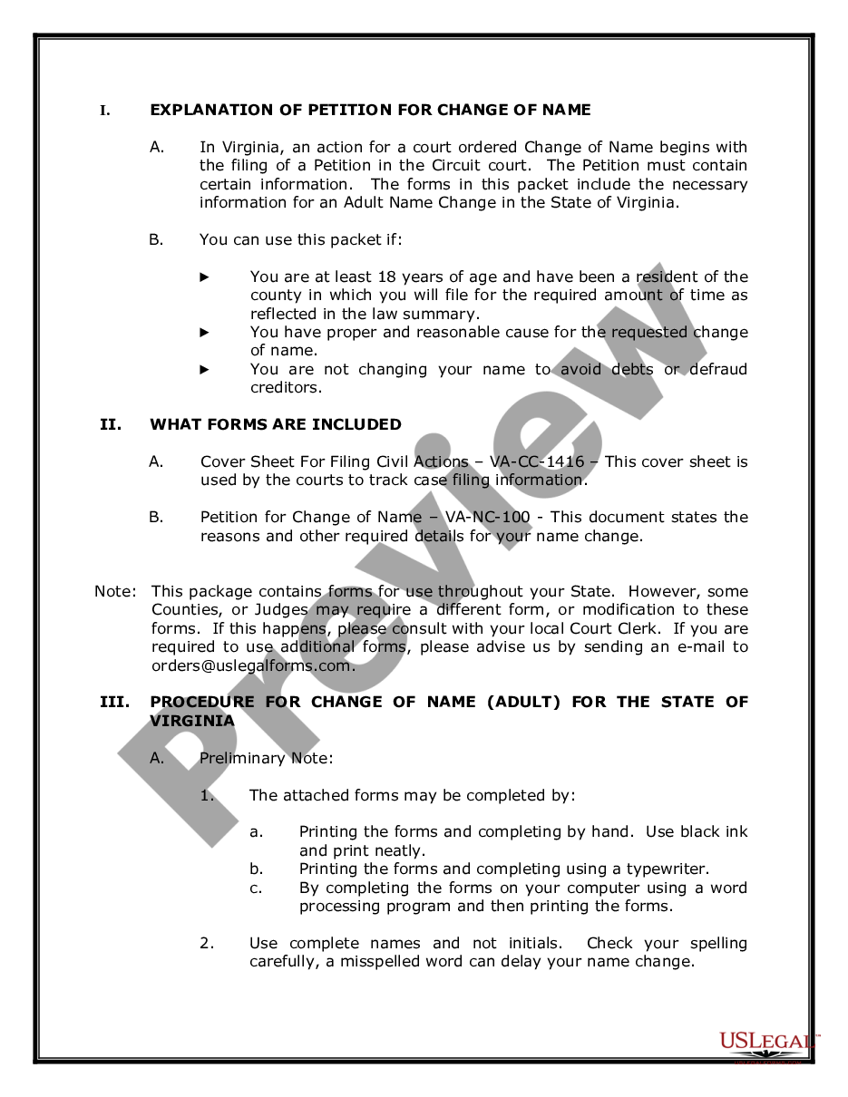 page 1 Name Change Instructions and Forms Package for an Adult with no prior name change preview