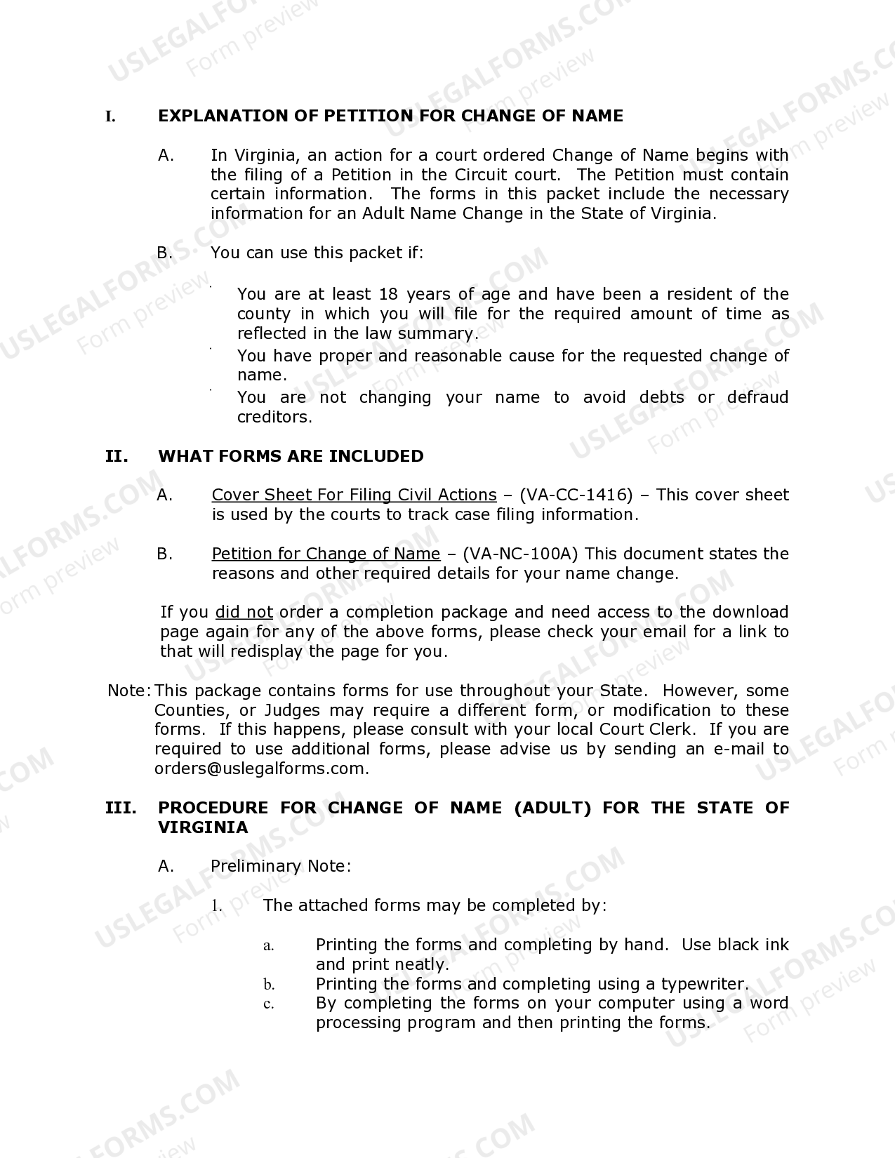 Virginia Name Change Instructions and Forms Package for an Adult Name
