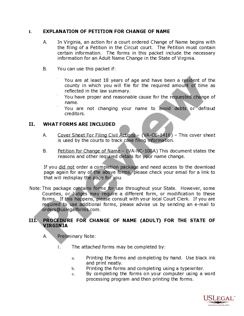 Preview Virginia Name Change Instructions and Forms Package for an Adult