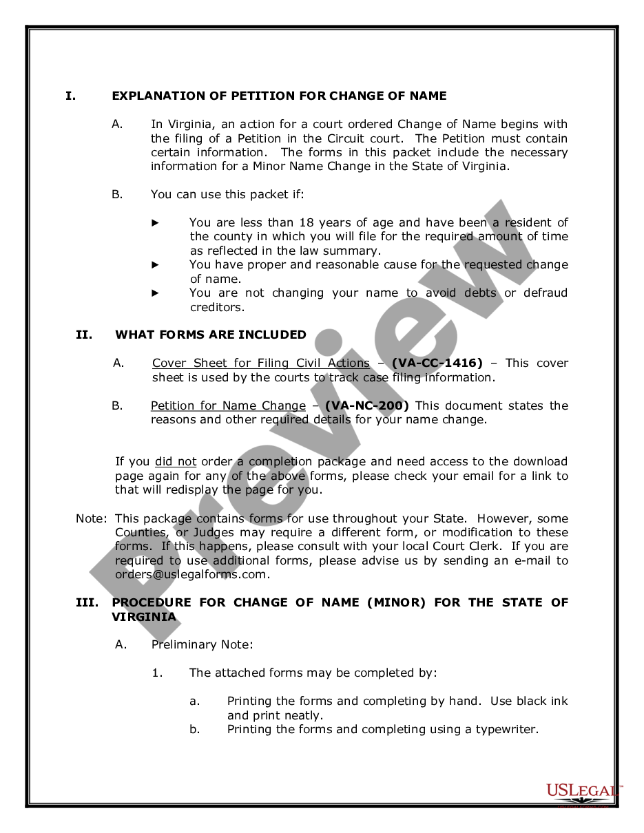 page 1 Virginia Name Change Instructions and Forms Package for a Minor preview