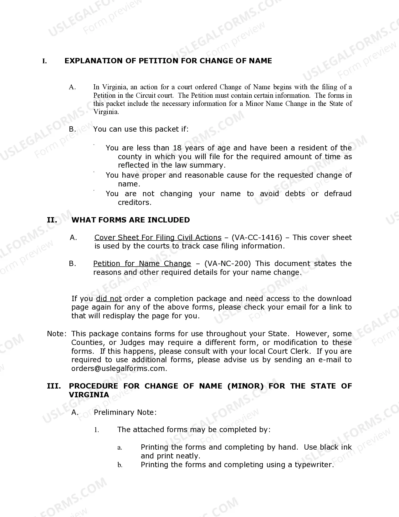 Preview Virginia Name Change Instructions and Forms Package for a Minor