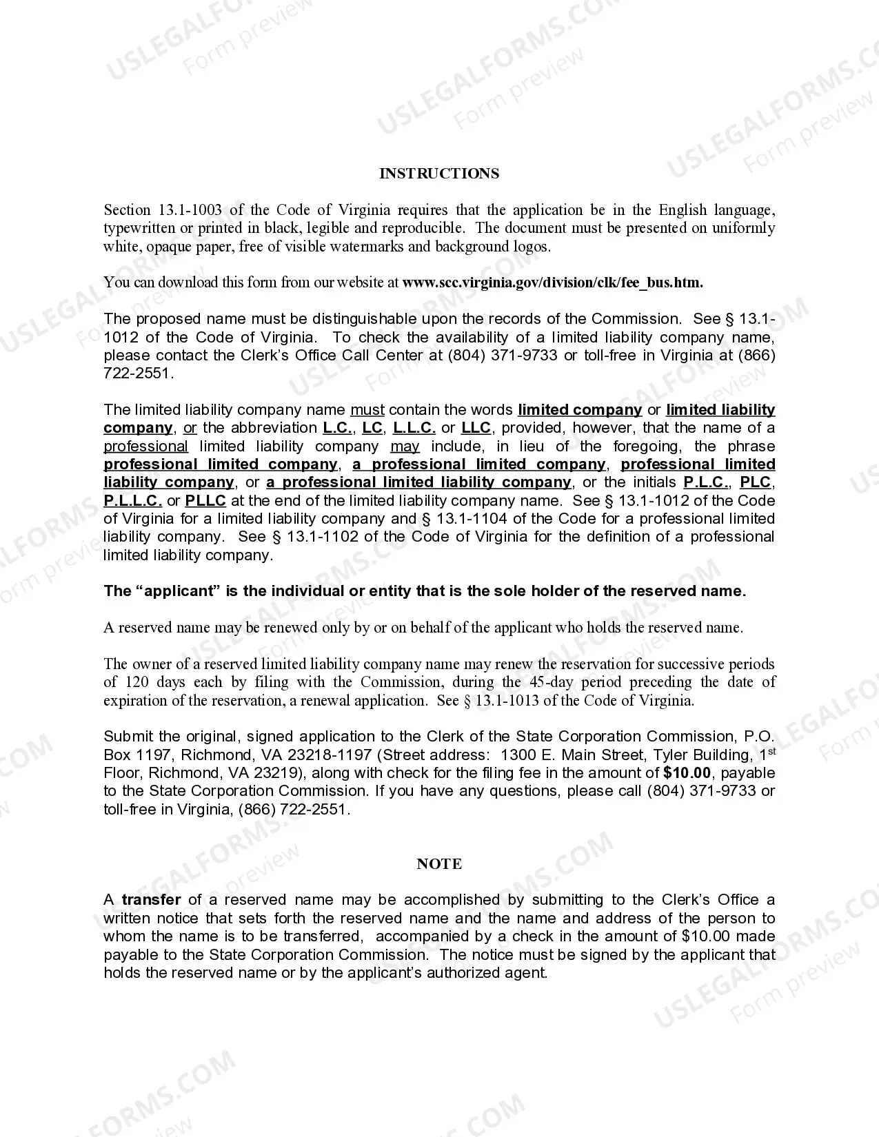 Preview Virginia Application for Reservation of LLC Name