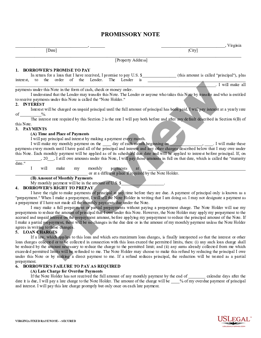 Virginia Secured Promissory Note Promissory Note Template Virginia Us Legal Forms 0657