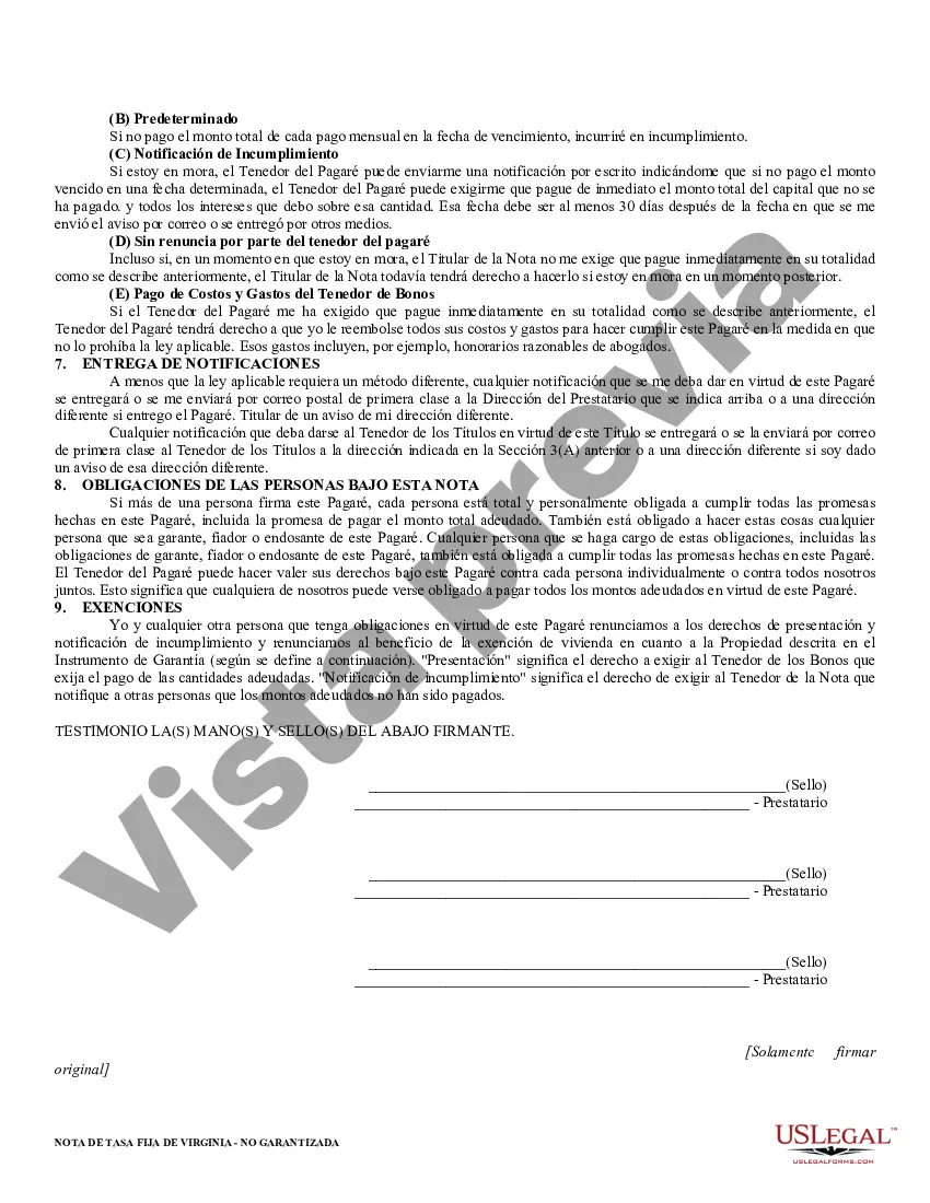 Preview Pagaré de pago a plazos no garantizado de Virginia para tasa fija