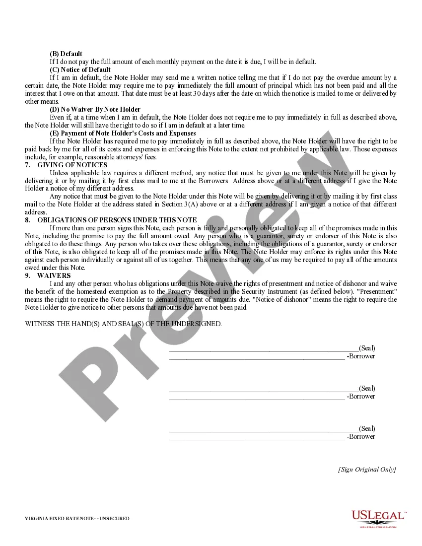 Preview Virginia Unsecured Installment Payment Promissory Note for Fixed Rate