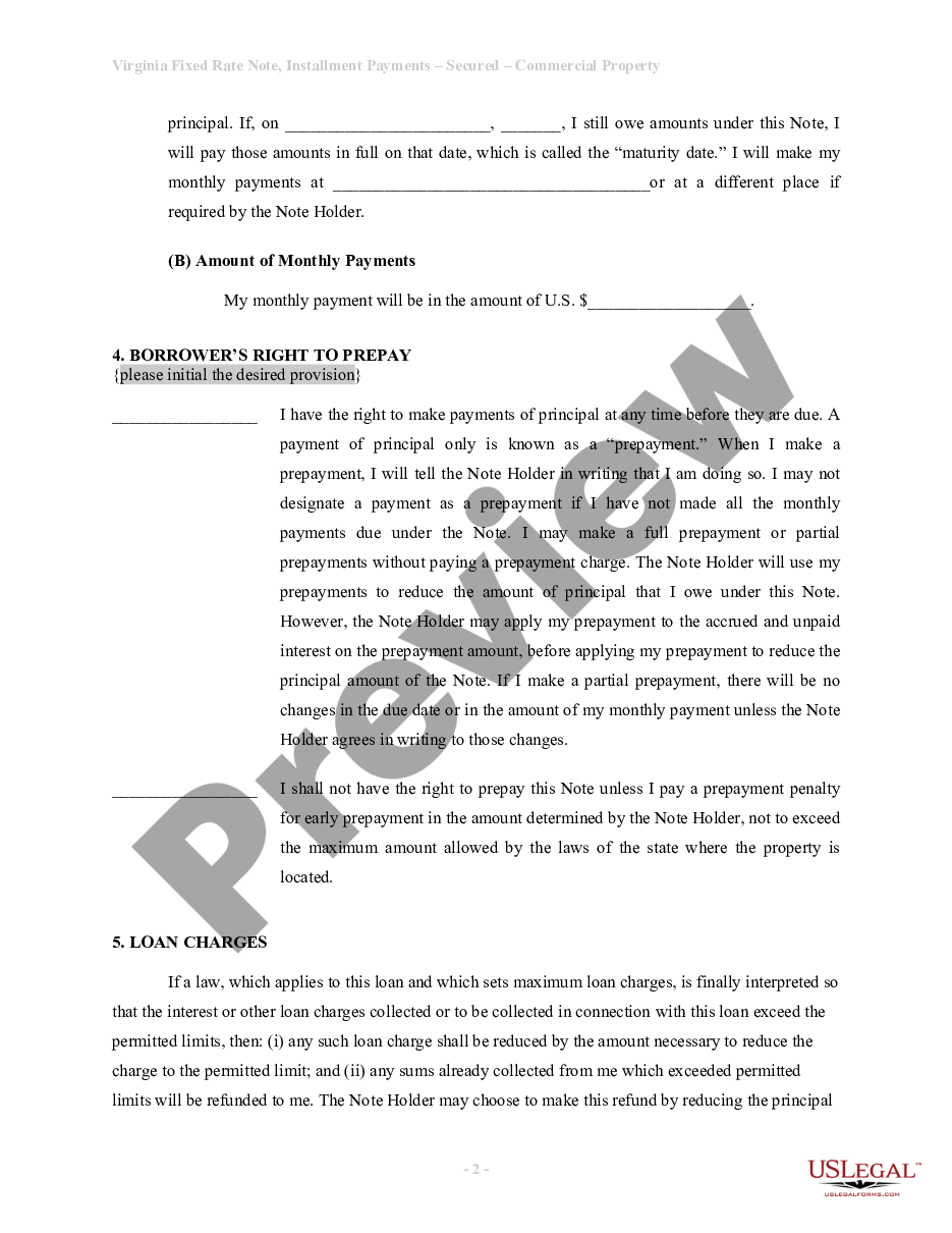 Virginia Installments Fixed Rate Promissory Note Secured By Commercial Real Estate Virginia 4224