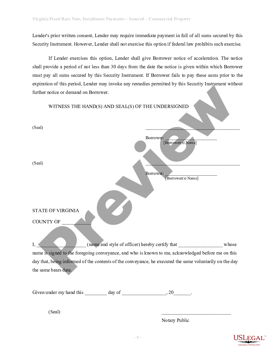 Virginia Installments Fixed Rate Promissory Note Secured By Commercial Real Estate Virginia 2369