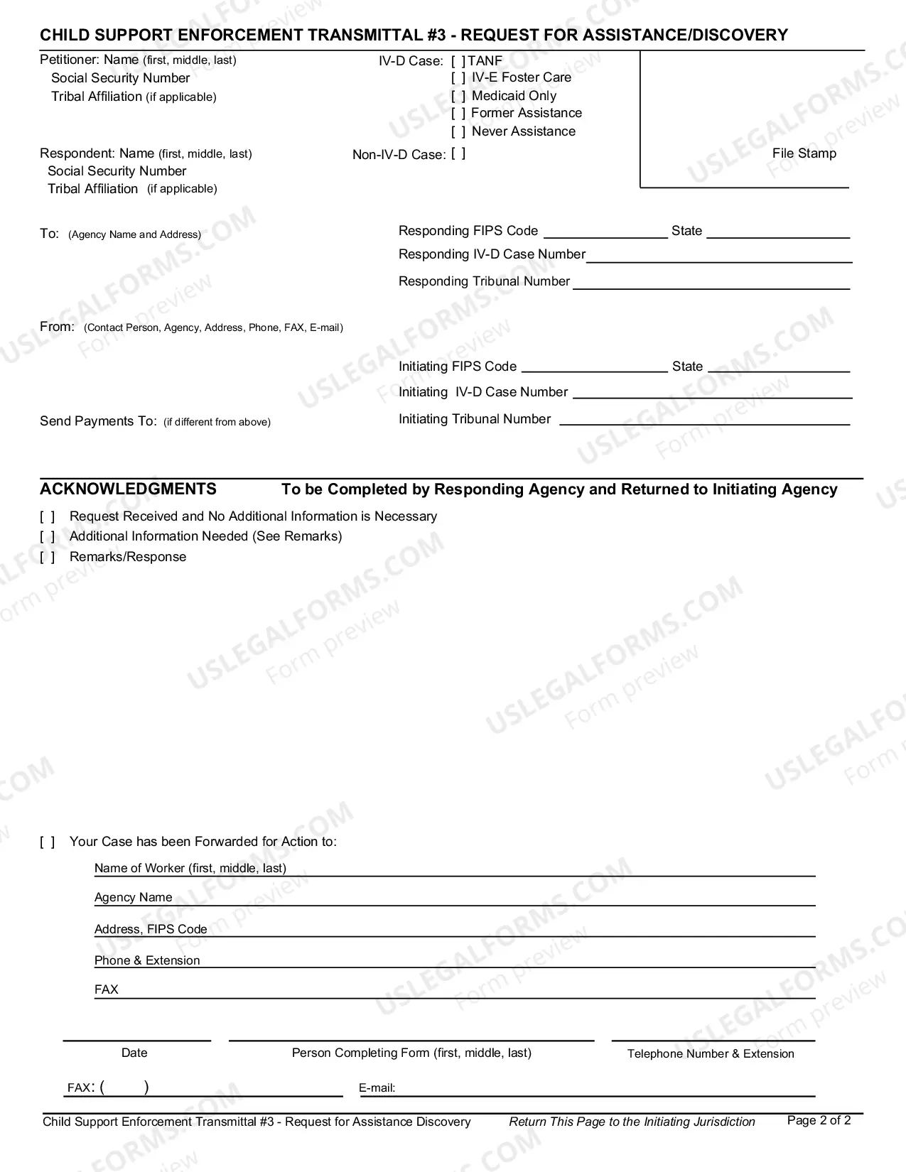 Preview Child Support Enforcement Transmittal #3 - Request for Assistance/Discovery