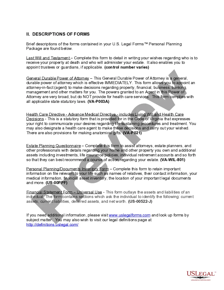 Get Virginia Life Documents Planning Package, including Will, Power of Attorney and Living Will Preview Virginia Life Documents Planning Package, including Will, Power of Attorney and Living Will
