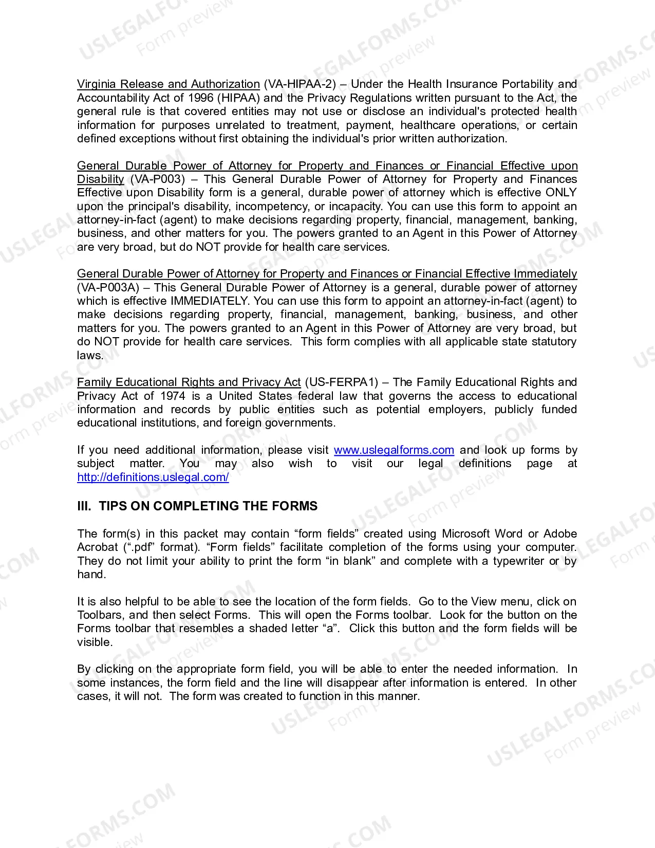Preview Virginia Young Adult Power of Attorney Package