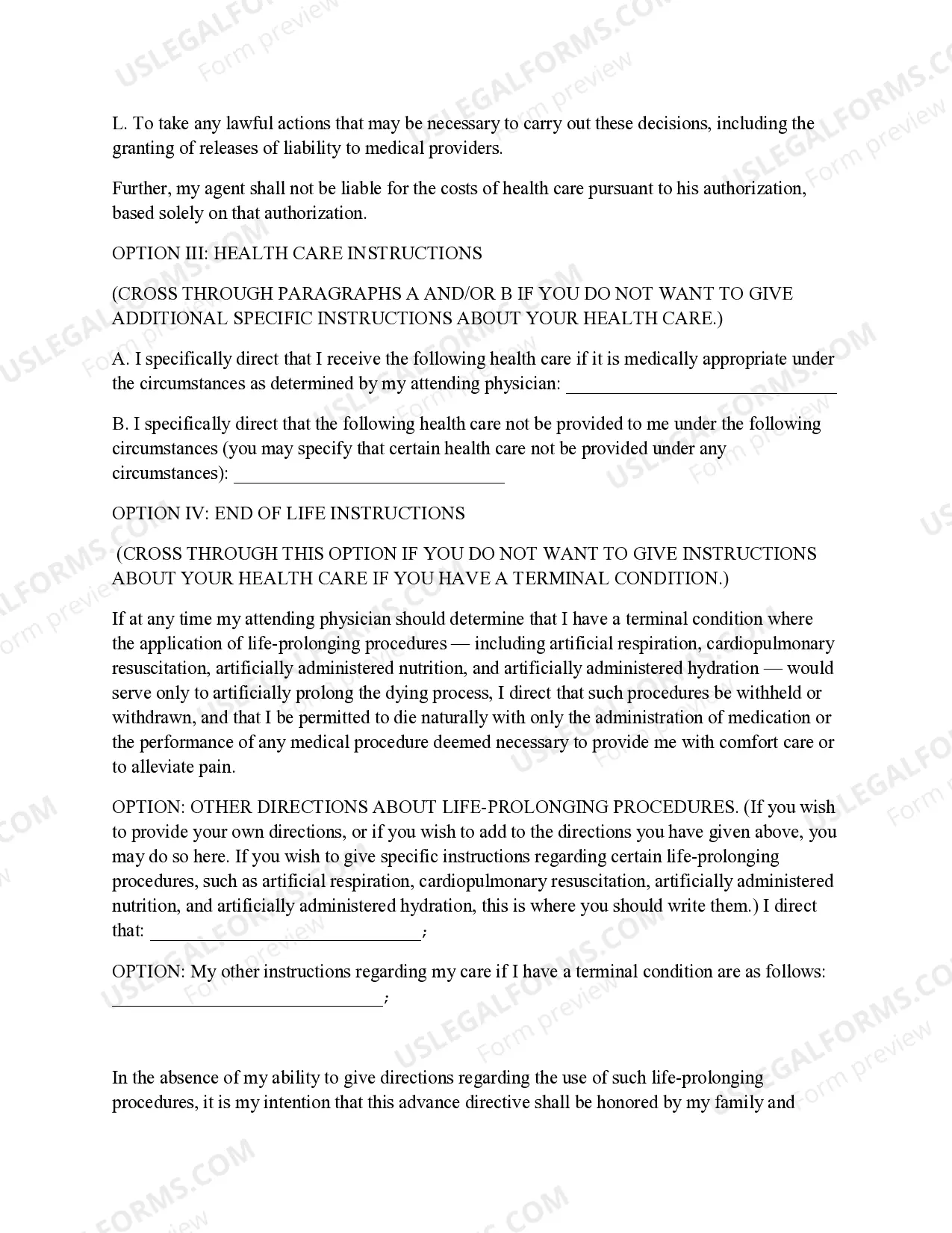 Preview Health Care Directive - Advance Medical Directive - includes Living Will and Health Care Decisions