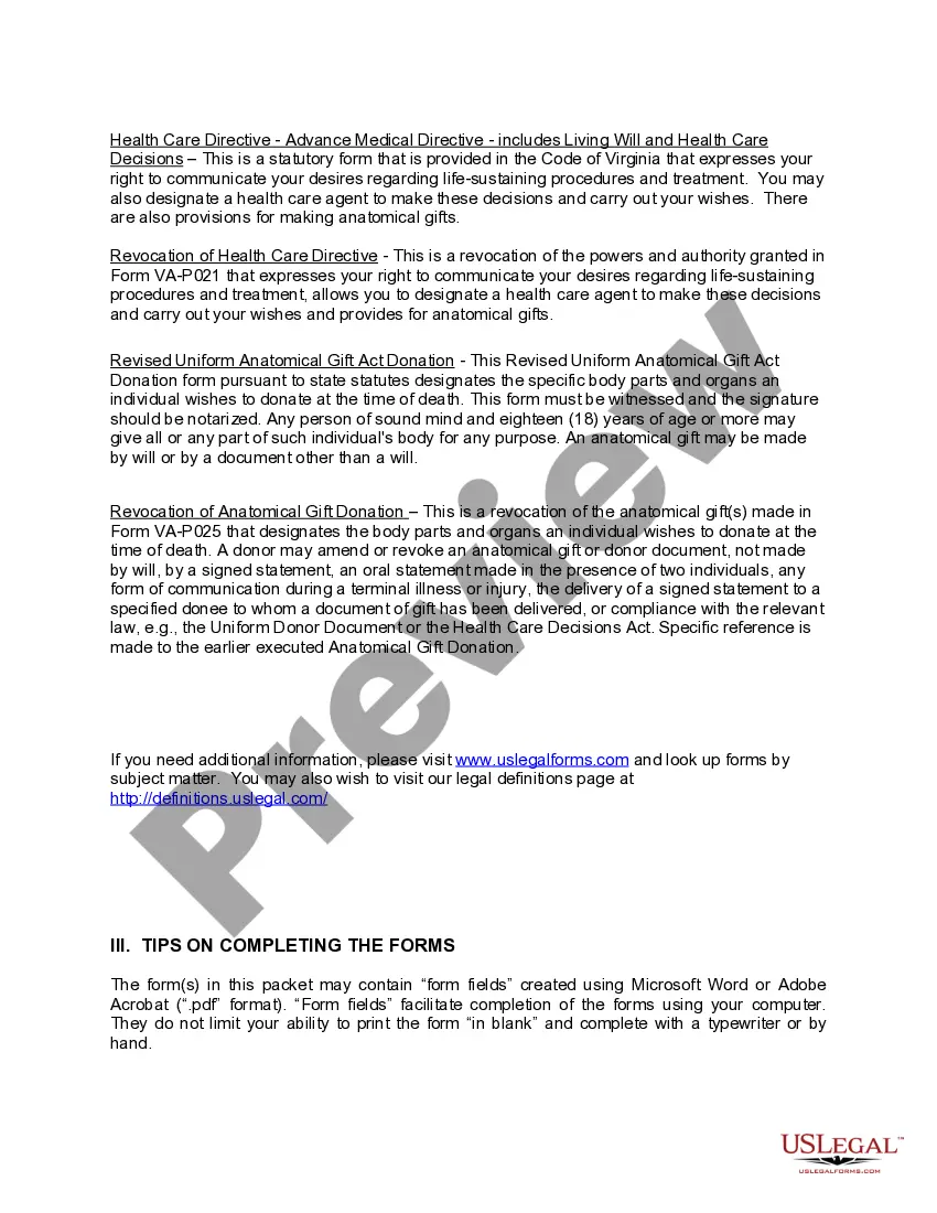 Preview Virginia Living Wills and Health Care Package