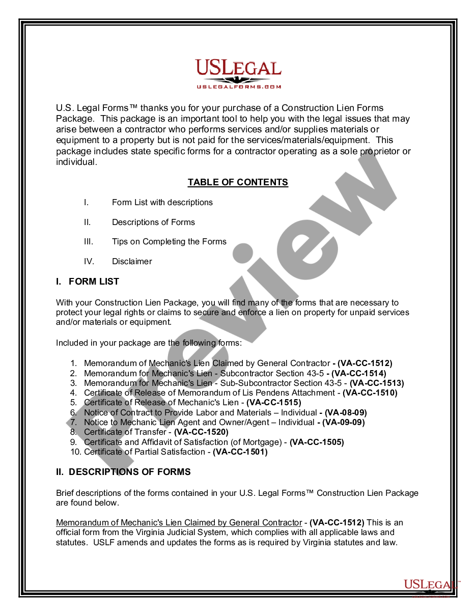 page 1 Virginia Construction or Mechanics Lien Package - Individual preview