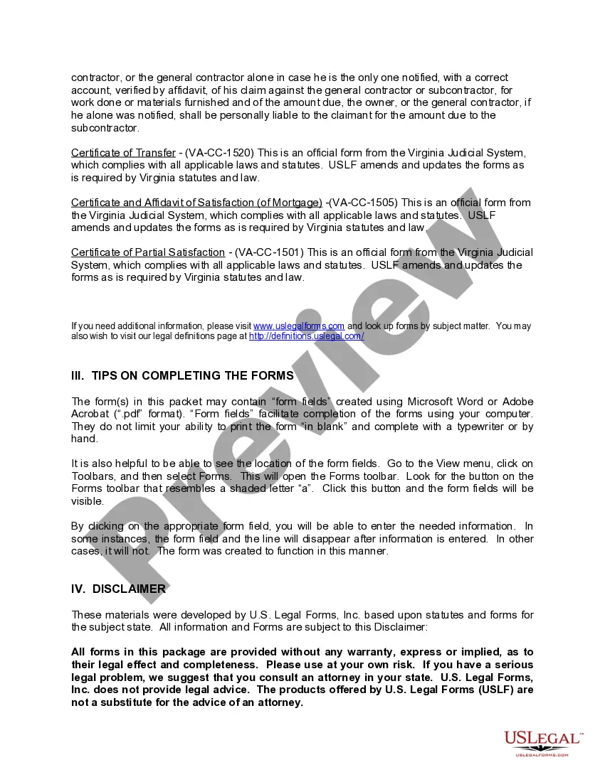 Preview Virginia Construction or Mechanics Lien Package - Individual