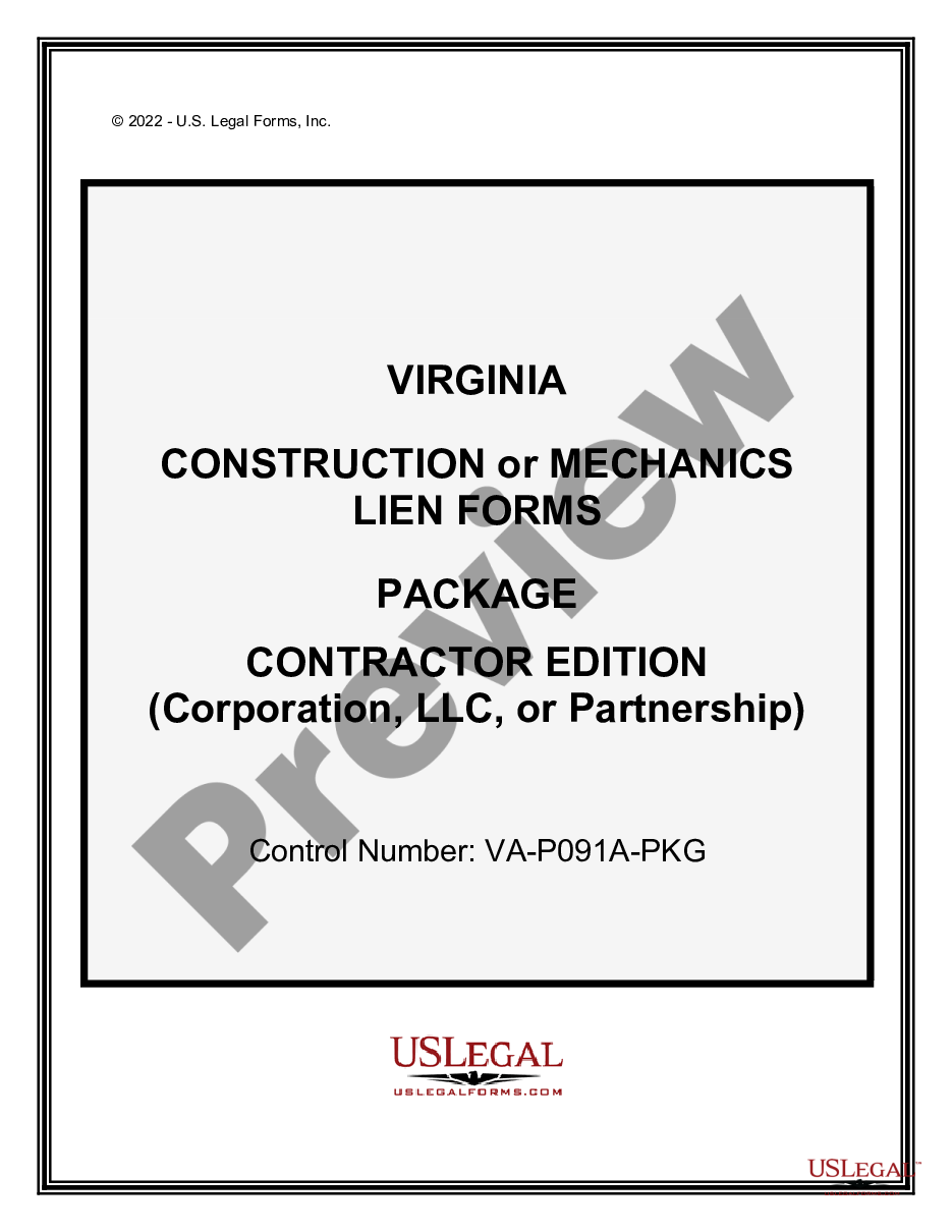 page 0 Virginia Construction or Mechanics Lien Package - Corporation or LLC preview