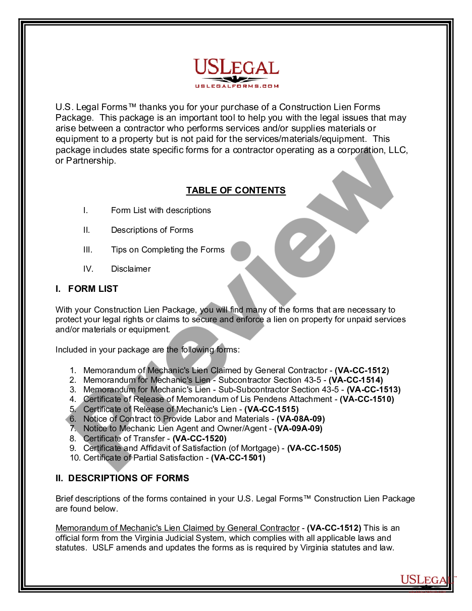 page 1 Virginia Construction or Mechanics Lien Package - Corporation or LLC preview