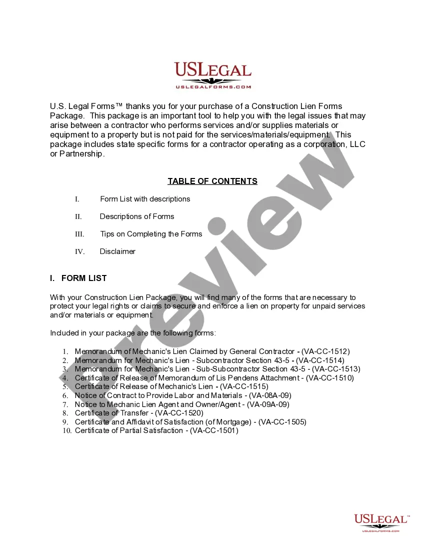Preview Virginia Construction or Mechanics Lien Package - Corporation or LLC