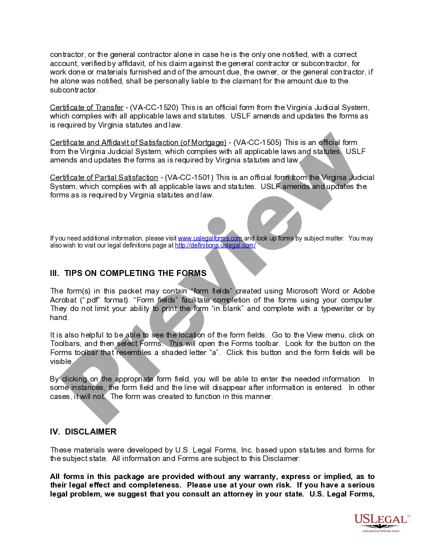 Preview Virginia Construction or Mechanics Lien Package - Corporation or LLC