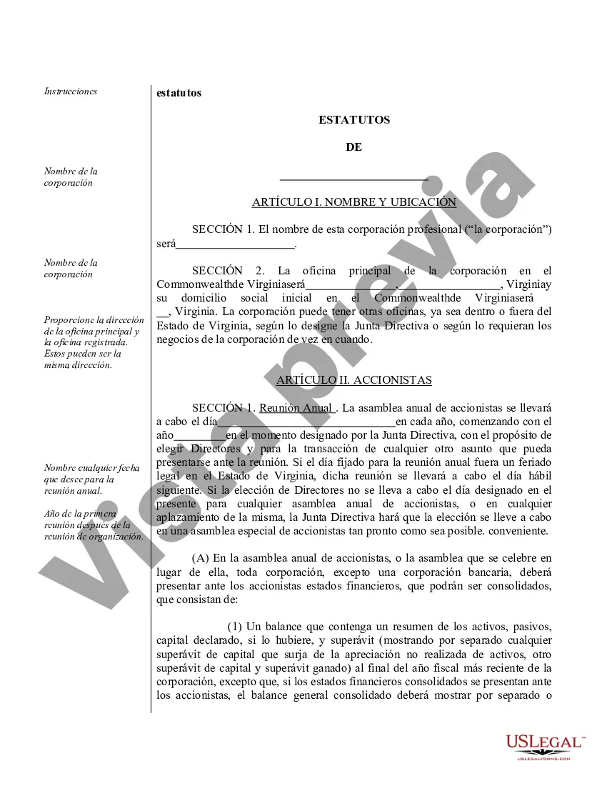 Preview Modelo de estatutos para una corporación profesional de Virginia