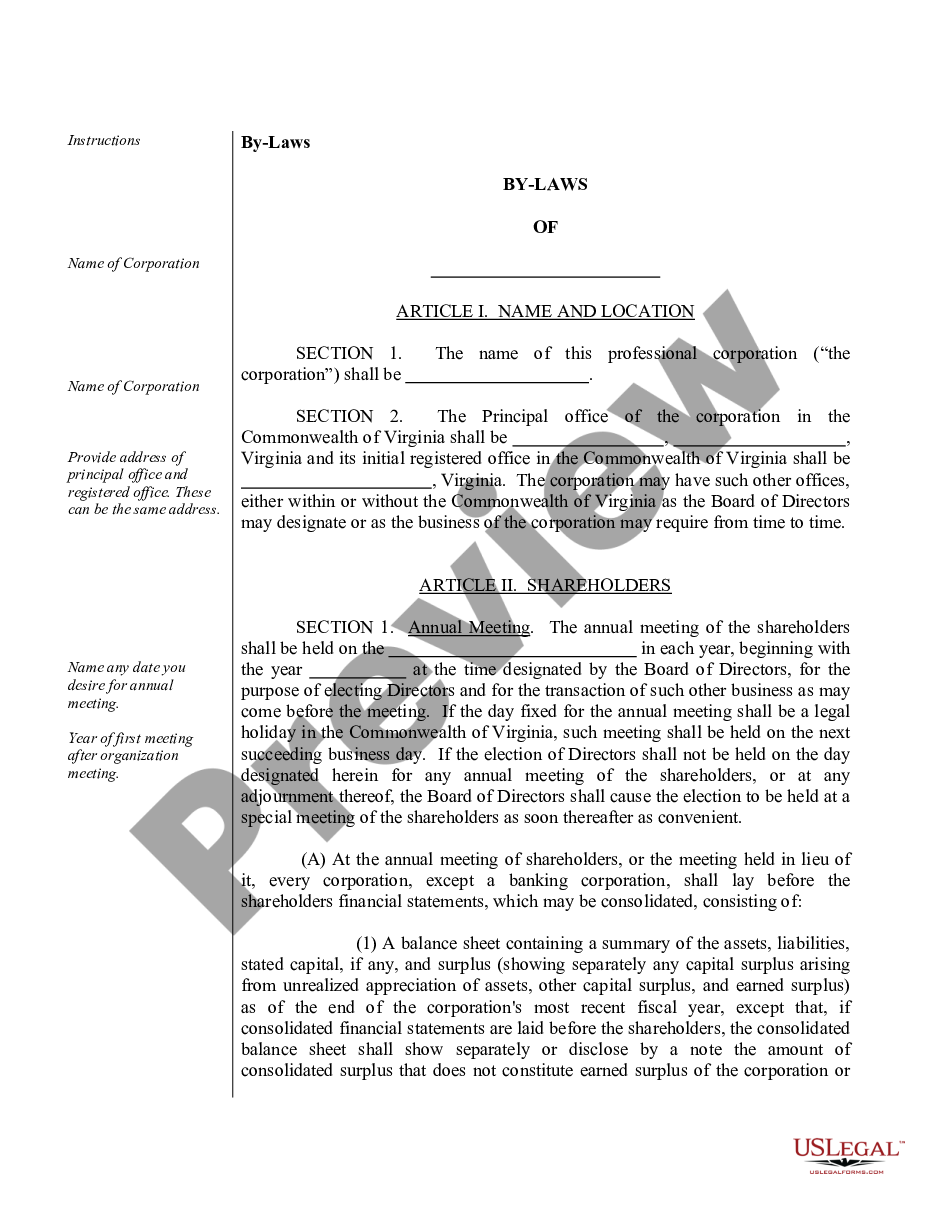 page 1 Sample Bylaws for a Virginia Professional Corporation preview