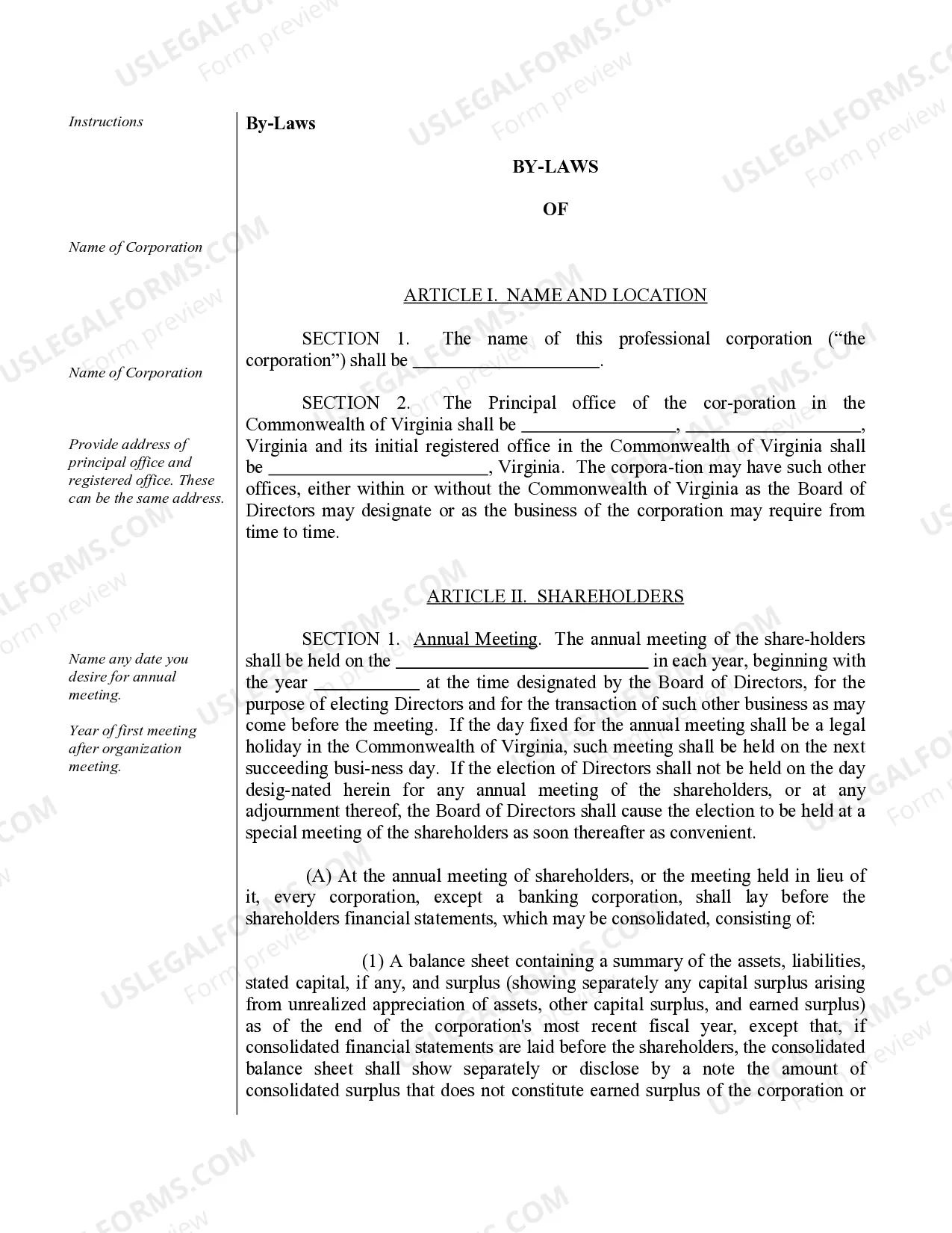 Preview Sample Bylaws for a Virginia Professional Corporation